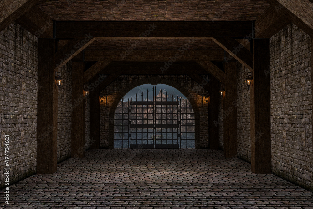 Medieval castle hallway with iron gate leading outside to the village. 3D rendering.