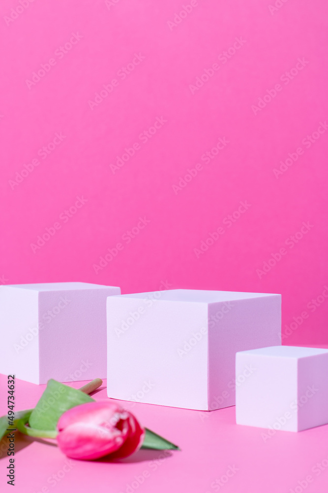 Pink podium for product display on pink with tulips flowers in hard light Pink podium for product display on pink with tulips flowers in hard light
