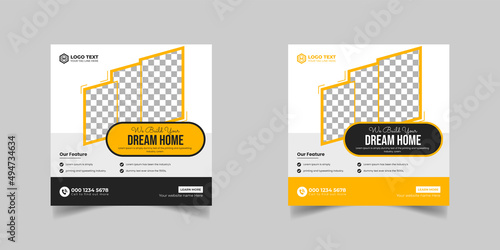 Construction renovation handyman home repair flyer and dream home social media post banner template or Square real estate flyer,