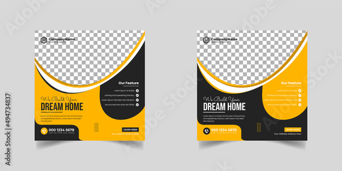 Construction renovation handyman home repair flyer and dream home social media post banner template or Square real estate flyer,