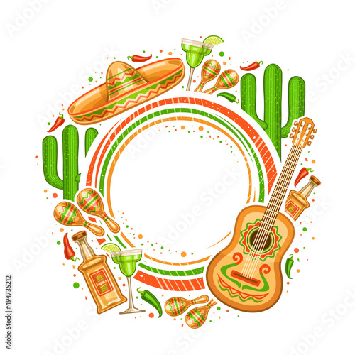 Vector frame for Cinco de Mayo with copy space for text, decorative round price tag with illustration of mexican musical instruments, red and green hot peppers, traditional alcohol for cinco de mayo