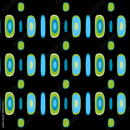 Motif abstrait de forme géométrique ovale vert et bleu de style année 70 pour une impression sur du tissu, du papier cadeau ou sur du papier peint.