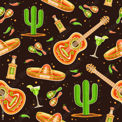 Vector Cinco de Mayo seamless pattern, square repeating background with set of cut out illustrations traditional mexican musical instruments, chili and jalapeno on black background for cinco de mayo