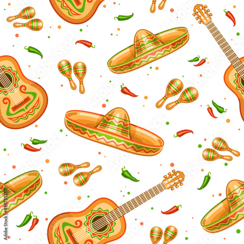 Vector Cinco de Mayo seamless pattern, square repeating background with set of cut out illustrations traditional mexican musical instruments, chili and jalapeno on white background for cinco de mayo