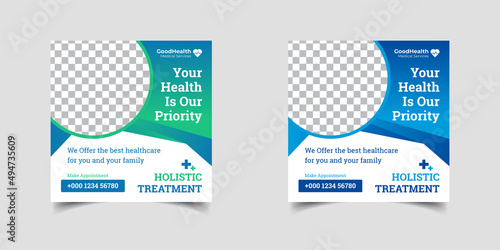 Healthcare post template, Medical promotion square web banner, Set of medical healthcare center social media post template, web banner advertising.