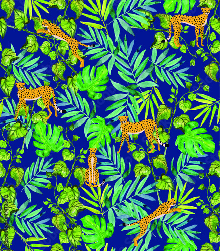tropical leaves with animal drawings , wild seamless pattern