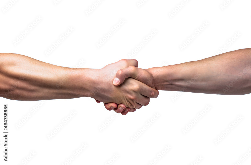 Friendly handshake, friends greeting, teamwork, friendship. Close-up. Rescue, helping gesture or hands. Strong hold. Two hands, helping hand of a friend. Handshake, arms friendship - obrazy, fototapety, plakaty 
