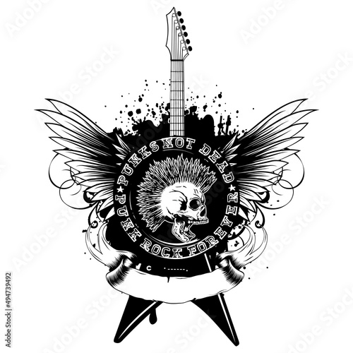 Vector illustration stamp and guitar on wings and grunge background. Imprint contains skull with mohawk and lettering punk not dead and punk rock forever. Design for t-shirt or poster print