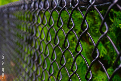 A black chain link fence photographed from a creative perspective to give the image depth.