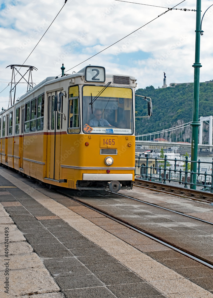 Streetcar at a stop in Budapest, Hungary