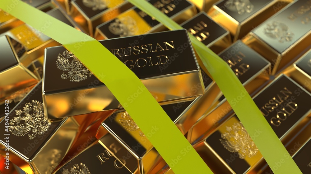 Russian gold in bullion in large quantities draped with yellow tape ...