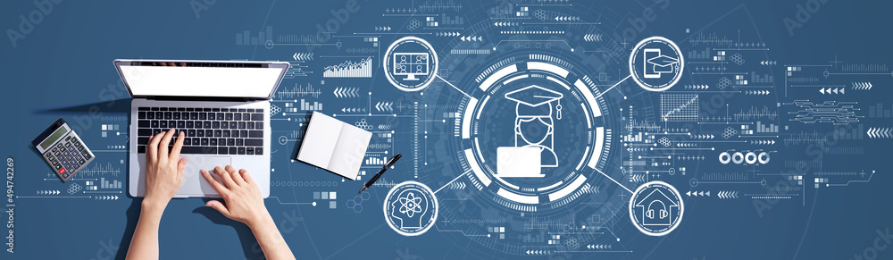 Distance learning theme with person using a laptop computer Distance learning theme with person using a laptop computer