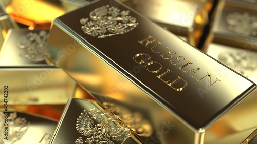  gold in bullion in a large volume of the inscription "Russian gold". gold fund , 3d render