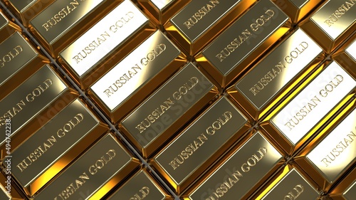  gold in bullion in a large volume of the inscription  Russian gold . gold fund   3d render
