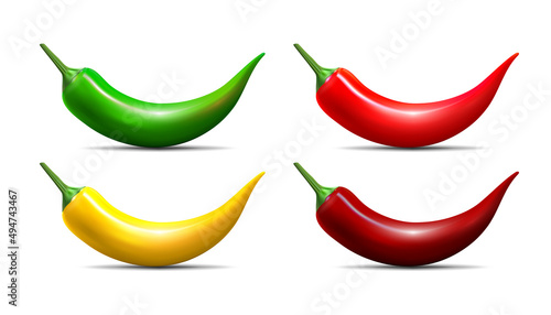 Vector red, green, yellow chili peppers icons set isolated on white background.