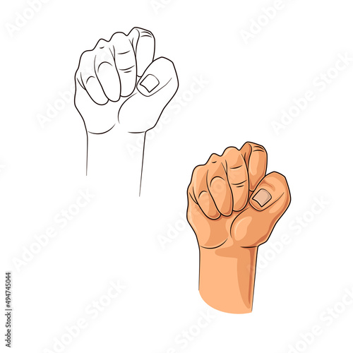 Clenched fist of raised hand. Logo illustration of freedom, revolution, protest and fight for rights. Silhouette of a male fist with lines defining fingers and thumb. Resistance and strike concept.