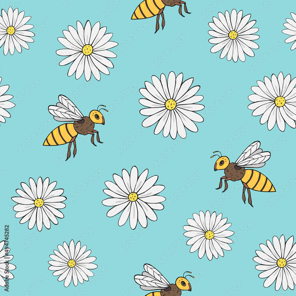 Seamless vector pattern of chamomile and bees. Decoration print for wrapping, wallpaper, fabric, textile. Seamless vector pattern of chamomile and bees. Decoration print for wrapping, wallpaper, fabric, textile.