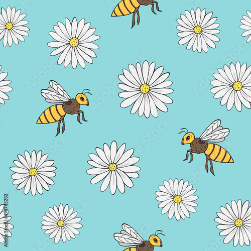 Seamless vector pattern of chamomile and bees. Decoration print for wrapping  wallpaper  fabric  textile.