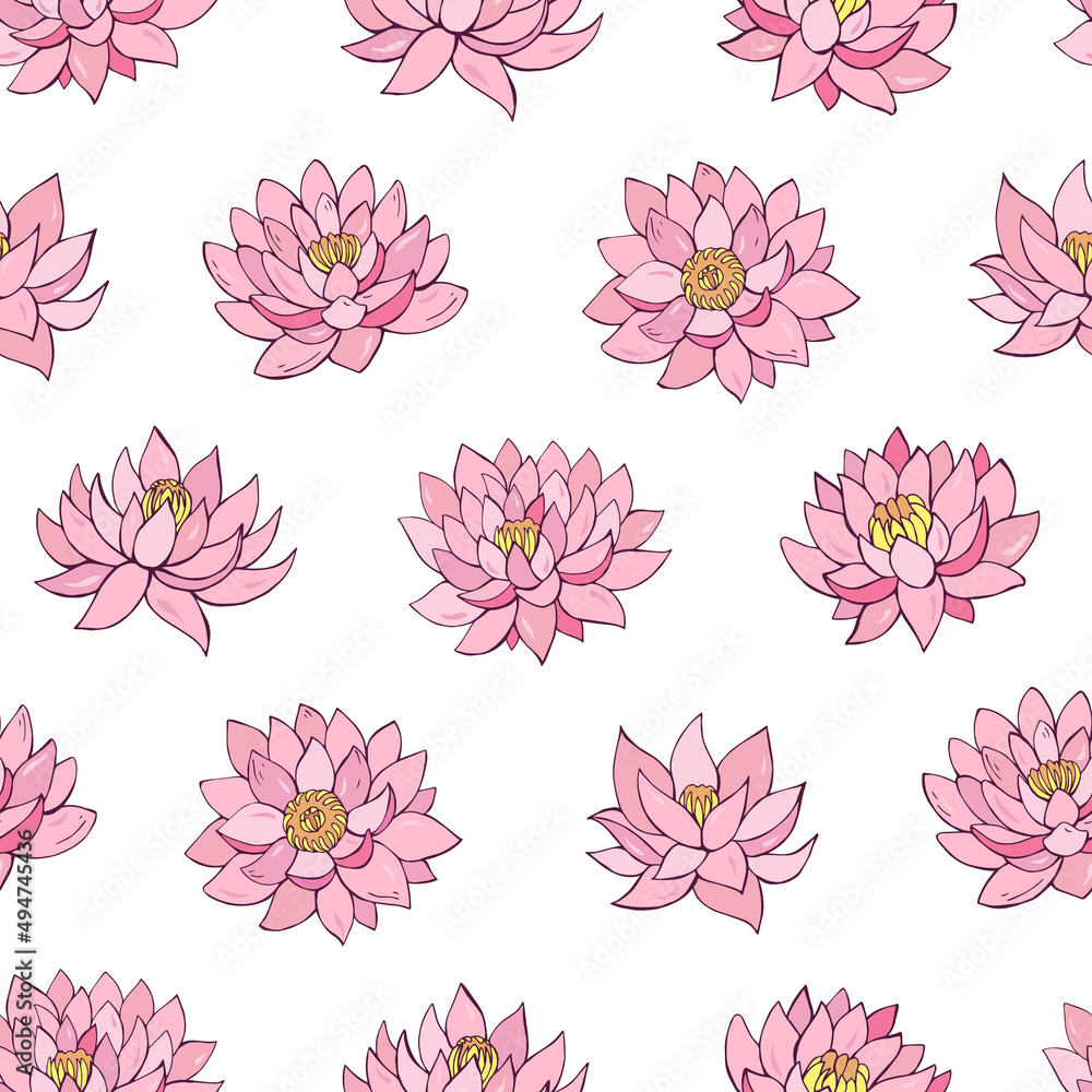 Seamless vector pattern of lotuses. Decoration print for wrapping, wallpaper, fabric, textile.	