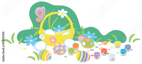 Wicker basket, colorful pai...