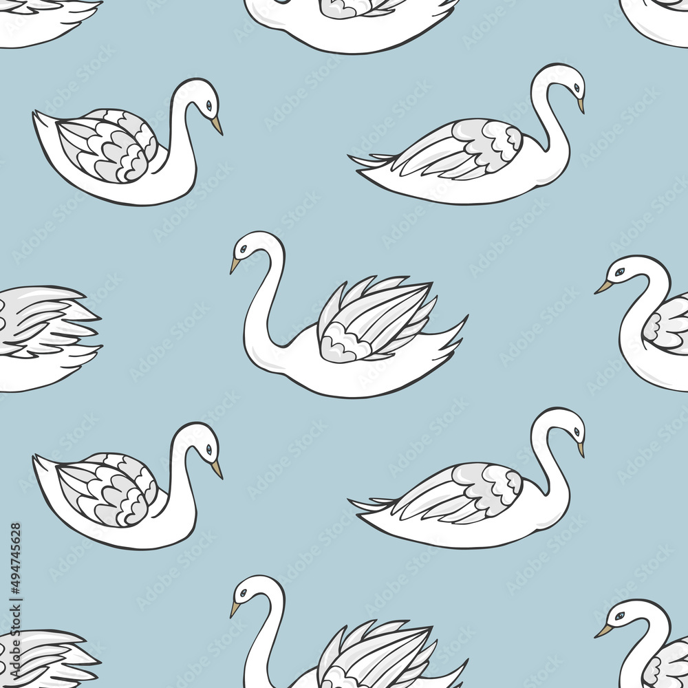 Seamless vector pattern of swans. Decoration print for wrapping, wallpaper, fabric, textile.
Seamless vector pattern of swans. Decoration print for wrapping, wallpaper, fabric, textile.