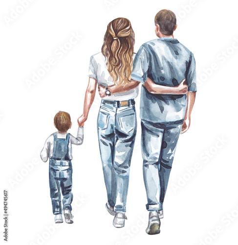 Fashion watercolor illustration. Father, mother and son on a walk. Family Day.