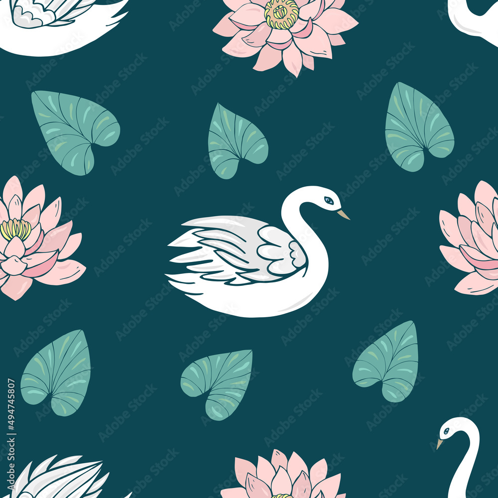 Obraz premium Seamless vector pattern of swans and lotuses. Decoration print for wrapping, wallpaper, fabric, textile.