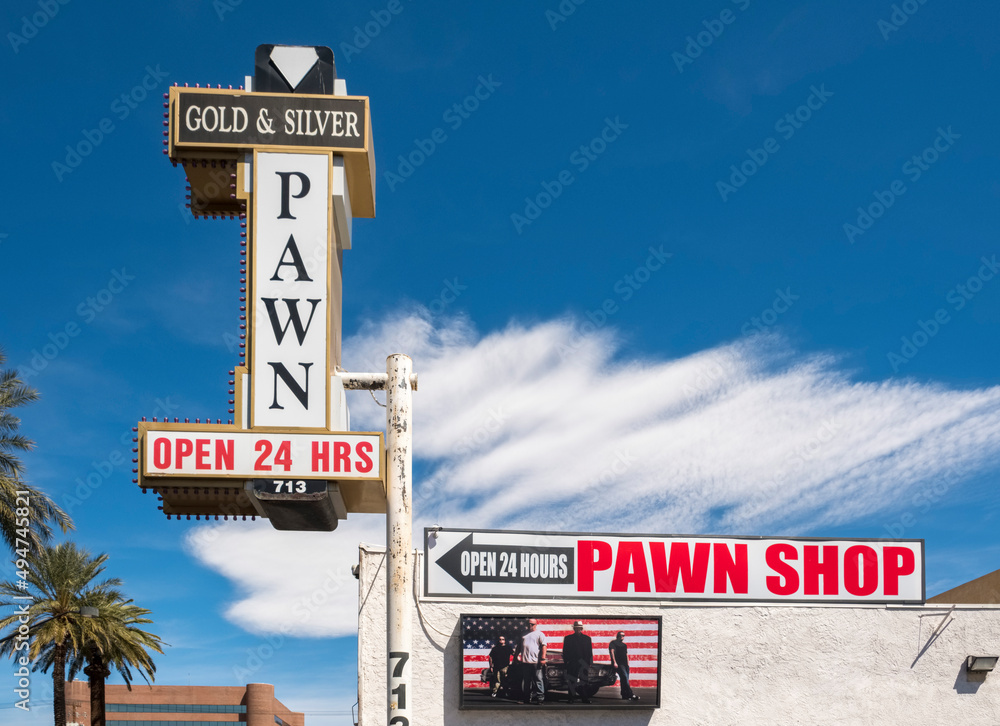 LAS VEGAS, USA, - MARCH, 30, 2018: Singn for the Gold and Silver Pawn Shop  of TV's Pawn Stars fame in Las Vegas, Nevada, USA Stock Photo | Adobe Stock