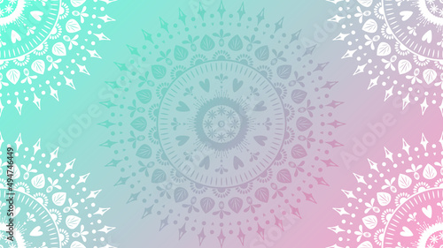 Floral mandala ornament background with place for text. Turquoise to pink colors