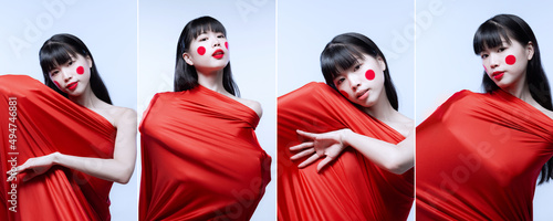 Callage. Portraits of young beautiful Japanese woman, dancer performing in red fabric isolated over blue background photo