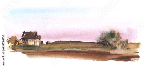 Abstract watercolor landscape. Evening countryside view. Small house in autumn fields. Silhouets of bushes. lilac evening sky. Hand drawn illustration photo