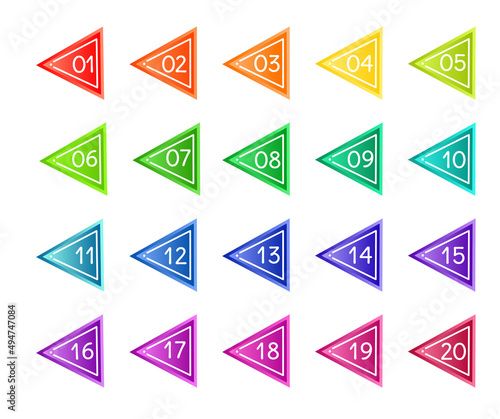 Bullet numbers. Infographic buttons and points. Icon with numbers from 1 to 20. 3d pointers for promotion. Colorful gradient markers for badges, tags. Modern logos in map interface. Vector.