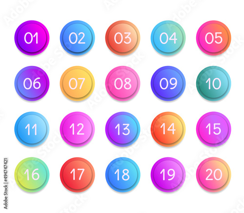 Bullet numbers. Infographic buttons and points. Icon with numbers from 1 to 20. 3d pointers for promotion. Colorful gradient markers for badges, tags. Modern logos in map interface. Vector.