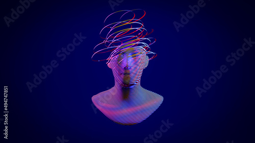 3d digital abstract human face on a dark background. Futuristic face cut into colored slices. Metaverse, artificial intelligence Ai concept.