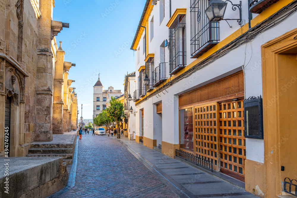The outer wall, street and shops along the Mezquita mosque cathedral in the Andalusian city of Cordoba, Spain.