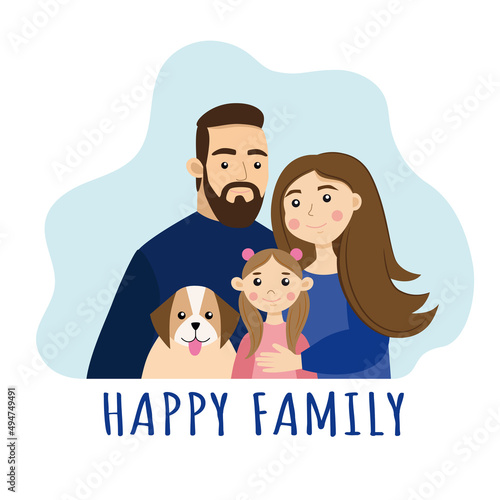 A happy family. Mom, dad, daughter and dog.