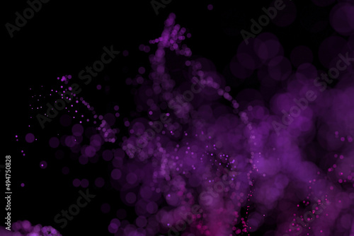 3D Render of many small ultraviolet particles flying on black festive background. Trendy backdrop for your design. Three-dimensional illustration