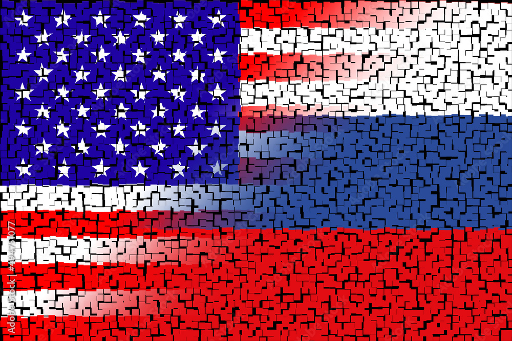 United States of America (USA) and Russia. USA flag and Russia flag. Concept of war of countries, political and economic relations. Horizontal design. Abstract design. Illustration. USA RUSSIA MISSILE