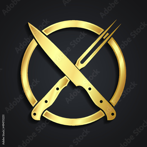 3d golden crossed knife and fork symbol