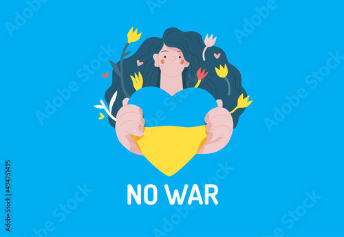 War and peace - Ukranian heart -modern flat vector concept digital illustration of young woman holding the Ukranian flag colored heart. Creative anti-war poster.