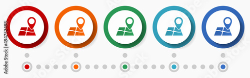 Navigation, travel concept vector icon set, flat design colorful buttons, infographic template in 5 color options