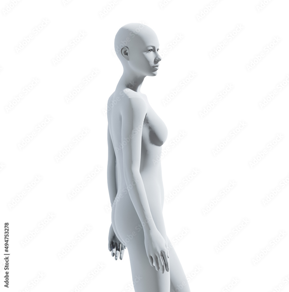 White colorless female face with white skin in profile on a white background. 3D render. White colorless female face with white skin in profile on a white background. 3D render.