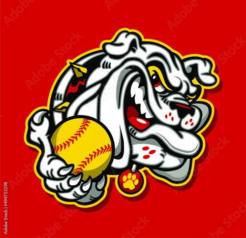 cartoon bulldog mascot holding baseball for school, college or league