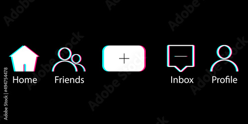 Button Icon of social media App. Home, Friends, Add Story, Inbox, Profile. EPS10.