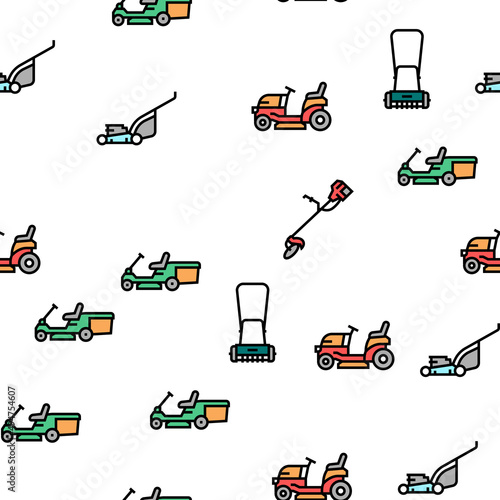 Lawn Mower Equipment Vector Seamless Pattern Thin Line Illustration