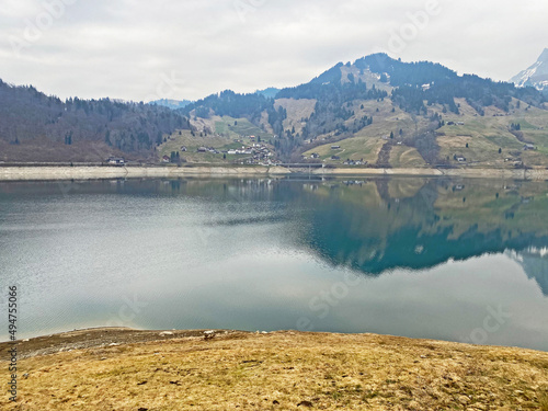 Cloudy day during late winter on the Wägitalersee (Waegitalersee or Wagitalersee) Lake in the Wägital (Waegital or Wagital) valley, Innerthal - Canton of Schwyz, Switzerland (Kanton Schwyz, Schweiz)