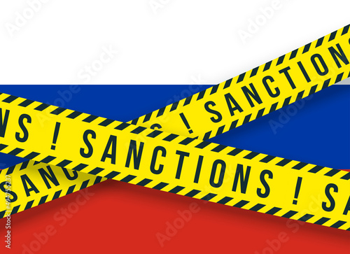 Yellow ribbons of economic, financial sanctions imposed on Russia flag background. Anti Russian international sanctions embargo against Russia invasion of Ukraine crisis banner. Ban of crossed flag