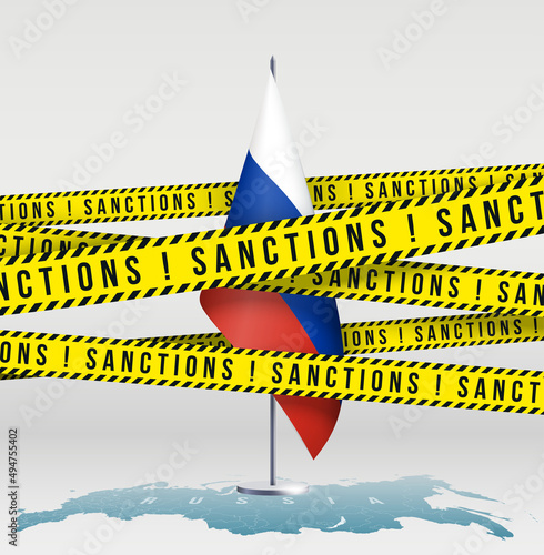 Yellow ribbons of economic, financial sanctions imposed on Russia flag background. Anti Russian international sanctions embargo against Russia invasion of Ukraine crisis banner. Ban of crossed flag