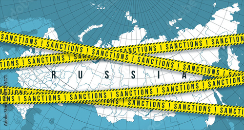 Yellow ribbons economic, financial sanctions imposed on Russia map background. Anti Russian international sanctions embargo against Russia invasion of Ukraine crisis banner. Crossed ban map territory