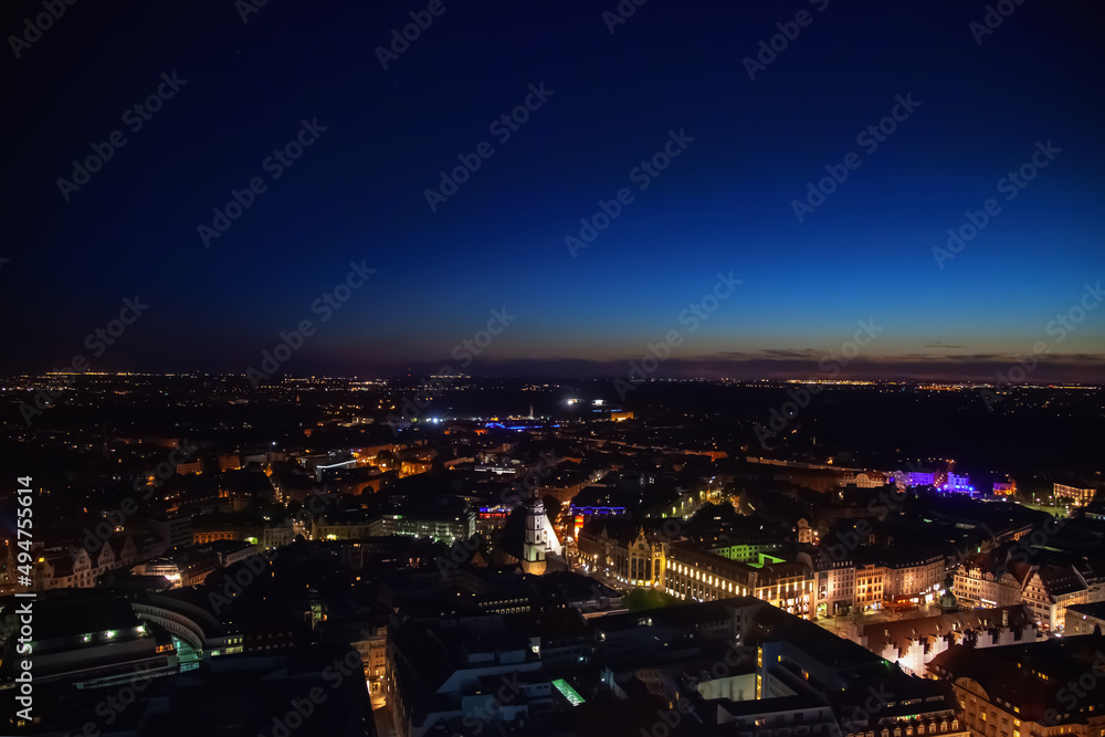 Panorama Leipzig ( Saxony, Germany) at night. Horizontal image. Copy space.